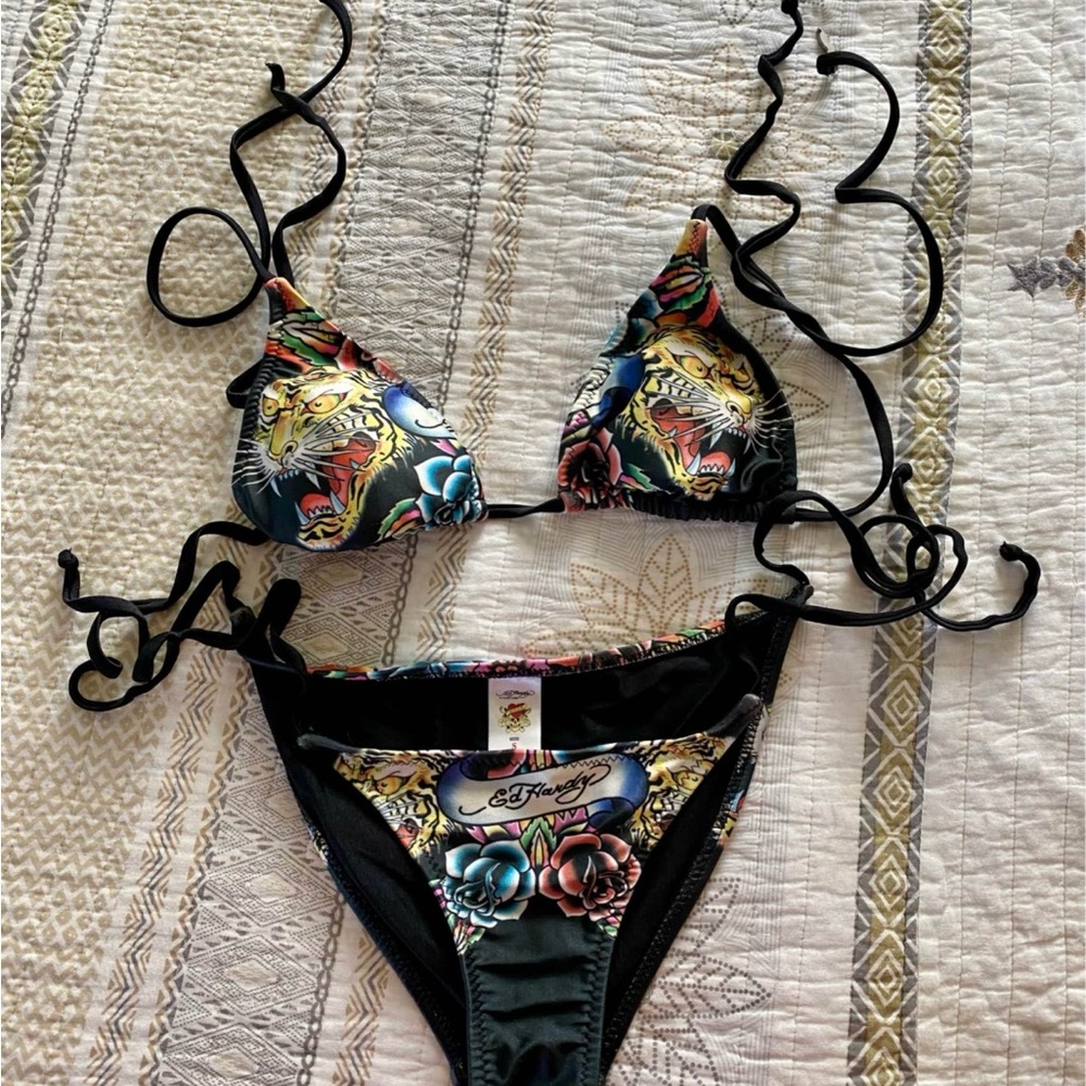 Ed Hardy Black and Red Bikini with Triangle Top roses tiger